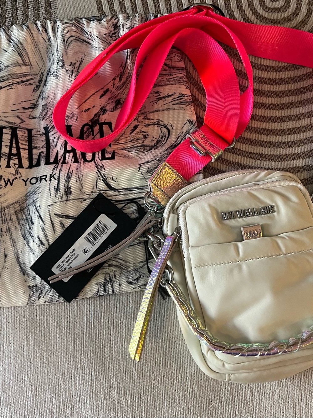 MZ Wallace Mini Bowery Crossbody bag. Pearl w/silver, hot pink strap - Picture 2 of 6